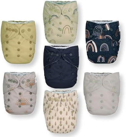 Nora's Nursery Cloth Diapers 7 Pack with 7 Inserts & 1 Wet Bag - Waterproof Cover, Washable, Reusable & One Size Adjustable Pocket Diapers for Newborns and Toddlers - Sunshine & Rainbows - Image 3