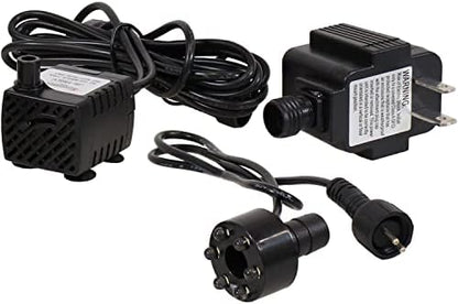 Sunnydaze 40 GPH water pump packaging items including the main pump unit and low voltage transformer