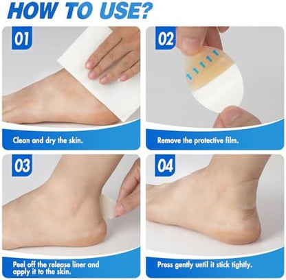 Waterproof hydrocolloid bandage being applied to a heel for friction prevention