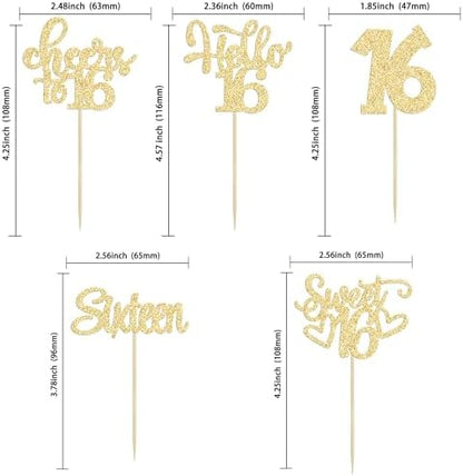Close up of gold glitter Sweet 16 cupcake picks