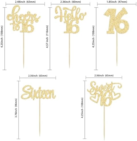 Close up of gold glitter Sweet 16 cupcake picks