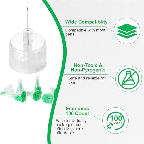 Side view of Pharmacy Choice diabetic needles showing universal fit compatibility.