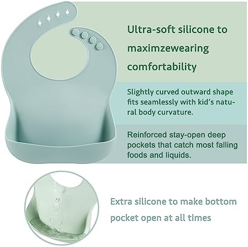 Adjustable four button neck closure design on PandaEar soft silicone baby feeding bibs