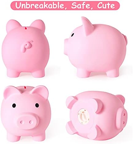 Pink decorative piggy bank placed on a children's bedroom bookshelf as decor.