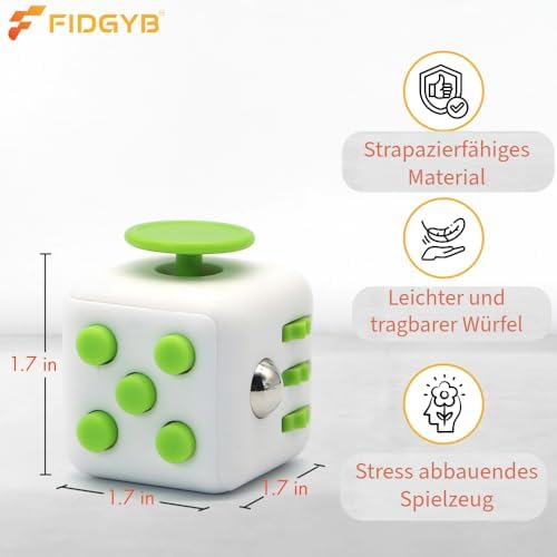 FIDGYB white and pink anxiety relief cube held in hand demonstrating portable size