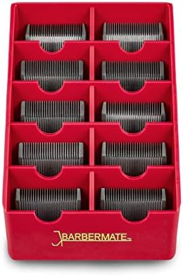 Red BarberMate clipper blade organizer tray four pack displayed flat on a clean workstation surface with mounting hardware.