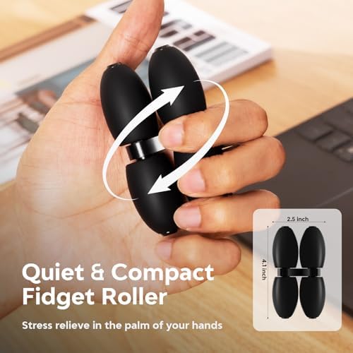 Ergonomic anxiety relief hand roller being rotated between fingers in a corporate setting