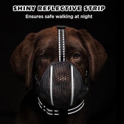 Bonthee dog muzzle worn by a happy medium sized dog