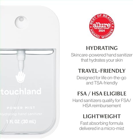 Touchland Hydrating Hand Sanitizer Spray, DYE FREE Trio Set (Rainwater, Unscented, Beach Coco), 1 FL. OZ. Travel Size Power Mist Sprays (Set of 3) - Image 6