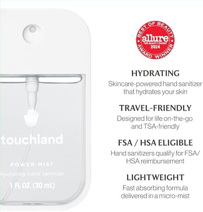 Touchland Hydrating Hand Sanitizer Spray, DYE FREE Trio Set (Rainwater, Unscented, Beach Coco), 1 FL. OZ. Travel Size Power Mist Sprays (Set of 3) - Image 6