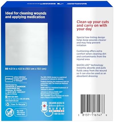 Band-Aid large four by four inch sterile wound care pads displayed individually wrapped