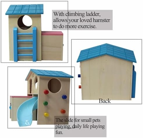kathson Hamster House Pets Small Animal Hideout with Funny Climbing Ladder Slide Wooden Hut Play Toys Chews for Small Animals Like Dwarf Hamster and Mouse(Blue) - Image 4