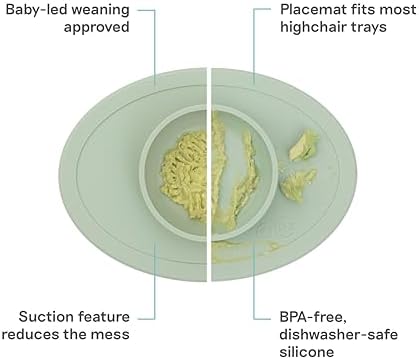 Ezpz silicone suction feeding bowl secured on a white highchair tray