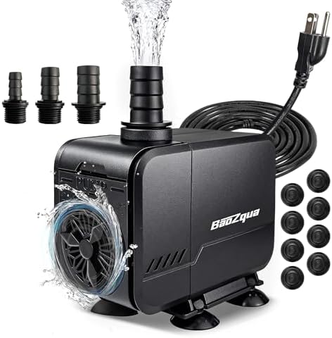BaoZqua aquarium fountain pump package showcasing three included water flow nozzles.