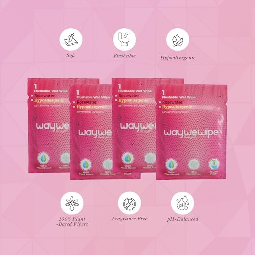 Individually wrapped WayWeWipe XL rosewater wipes spread out showing travel-friendly packaging.