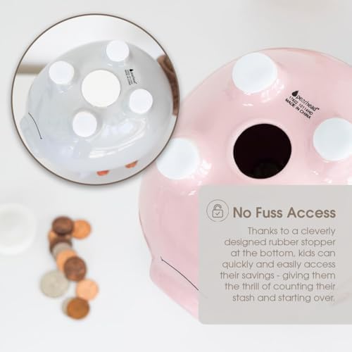 Bottom view of the authentic Pearhead ceramic coin bank highlighting the removable rubber stopper