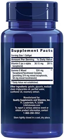 Life Extension Gamma E Mixed Tocopherols And Tocotrienols supplement facts label