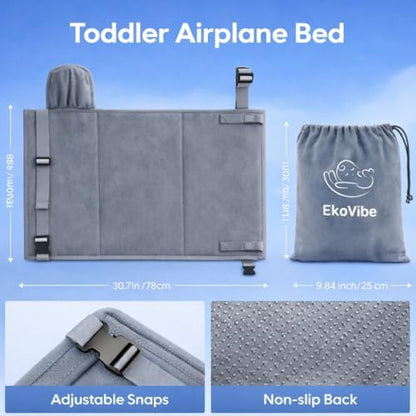 EkoVibe airplane seat extender showing the adjustable heavy duty straps and secure buckle system.