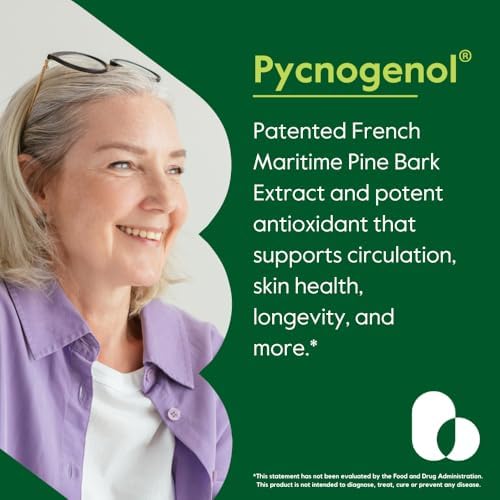 Side view of Bestvite Pycnogenol supplement bottle highlighting supplement facts and active ingredients