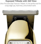 Full grooming kit layout including the gold cordless clipper along with its multi-size guide combs and USB charger.