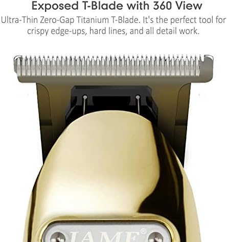 Full grooming kit layout including the gold cordless clipper along with its multi-size guide combs and USB charger.