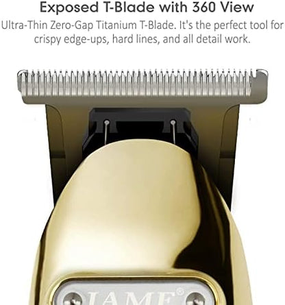 Full grooming kit layout including the gold cordless clipper along with its multi-size guide combs and USB charger.