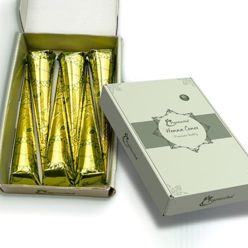 Chemical free hair dye alternative featuring gold and green metallic henna cones