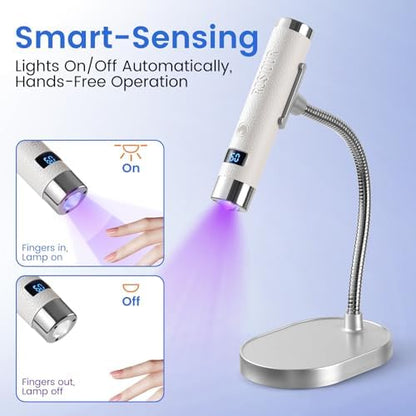 Rosiour rechargeable gel nail LED lamp attached magnetically to its desktop stand for hands-free manicure sessions.
