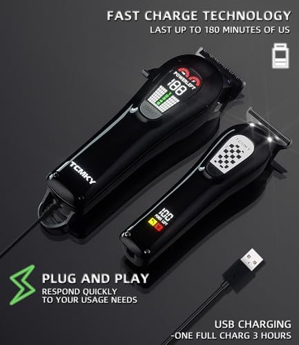 High definition digital LCD screen on the TCMKY hair trimmer displaying the exact battery percentage and oil reminder icons.