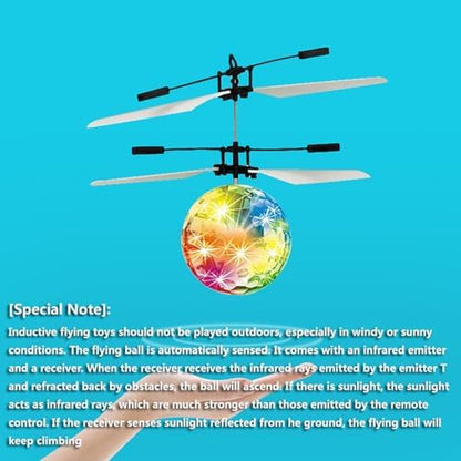 Interactive flying light ball toy demonstrating the smart automatic shut-off safety feature.