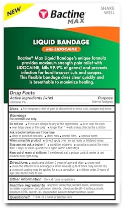 Bactine maximum strength liquid bandage bottle showing active ingredient information.