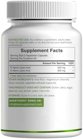 Deal Supplement Alpha Lipoic Acid supplement facts panel showing R-ALA and S-ALA blend