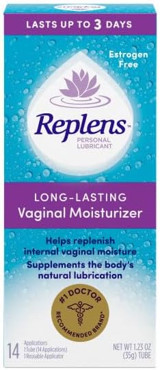 Replens estrogen free vaginal gel with reusable applicator for long lasting hydration.