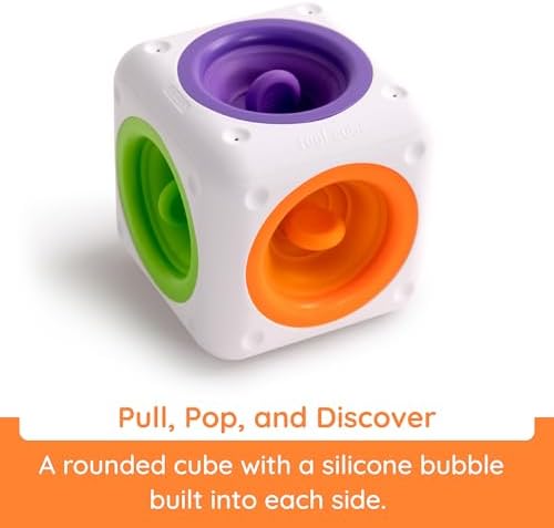 Side angle of Fat Brain Toys Tugl Cube highlighting the durable food grade silicone design