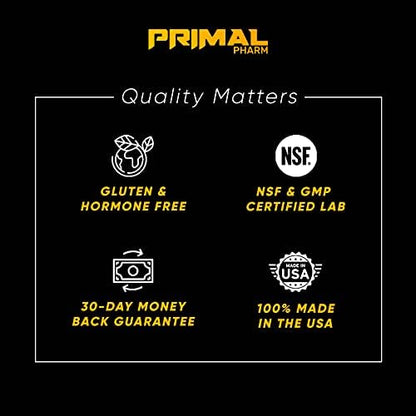 Primal Pharm Perform authentic imported health supplement bottle packaging on an off-white background.