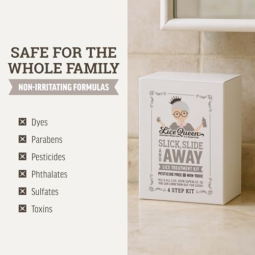 Lice Queen treatment kit packaging showing safe and non-toxic formula labels