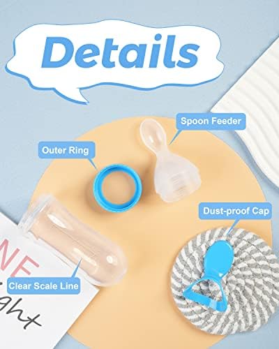 Three pack baby food feeder set in blue green and yellow colors displayed on a clean background.