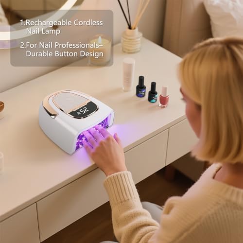 Cordless manicure dryer with rose gold trim displaying ninety-six watt turbo power