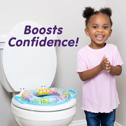Side perspective of the padded toddler toilet seat emphasizing the durable dual support handles.
