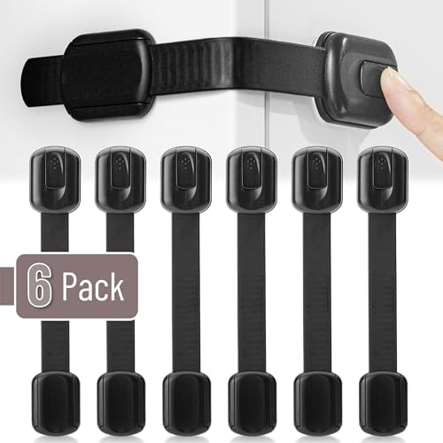 Black adjustable baby cabinet locks showing strap length