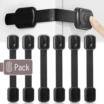 Black adjustable baby cabinet locks showing strap length