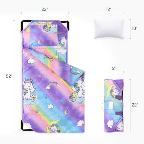 Wake In Cloud kids sleeping mat rolled up compactly with built in carry handle and name tag pocket