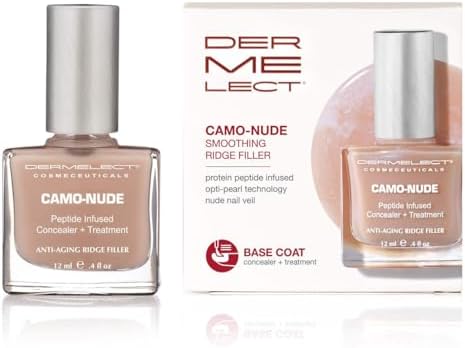 Dermelect Camo-Nude ridge filling base coat packaging displaying the keratin peptide and biotin ingredients list.