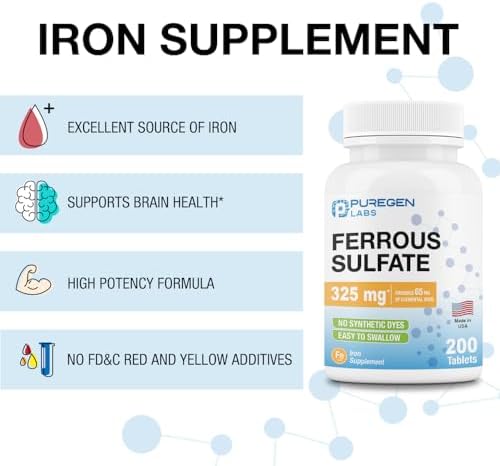 Puregen Labs Ferrous Sulfate sixty five milligrams elemental iron supplement container
