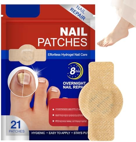 Overnight toe nail repair hydrogel patch being applied gently to a damaged big toenail