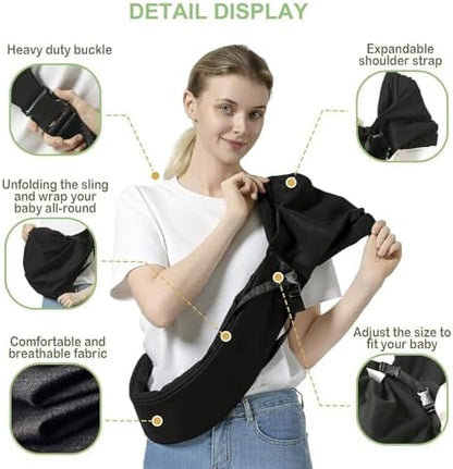 MISSWISDOM hands free baby sling showing horizontal nursing position for newborns