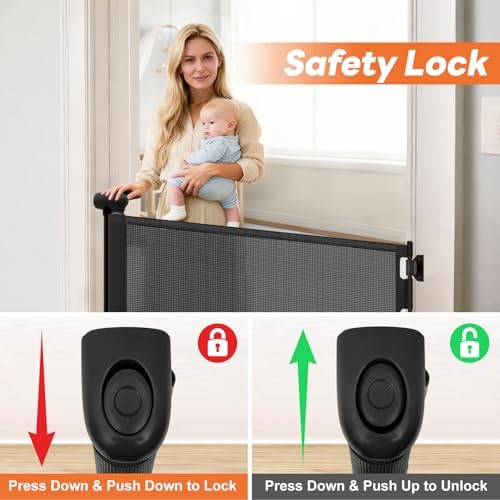 Space saving retractable pet barrier rolled up compactly against a white wall