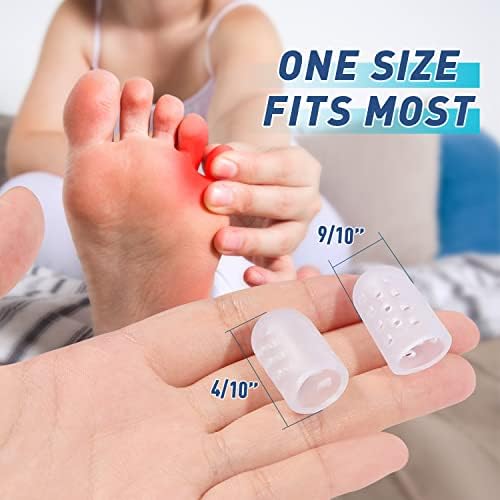 Silicone pinky toe protectors with breathable holes shown on foot.
