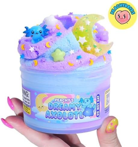 Peachybbies cloud dough sensory slime being stretched to show drizzly texture
