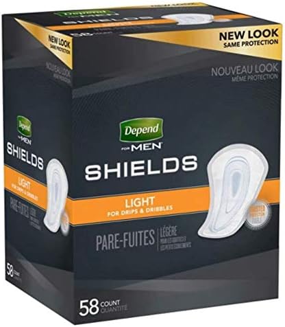Depend ultra thin cup shaped incontinence pads for men showing anatomical design and adhesive strip